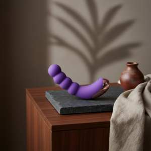 Purple vibrator on wooden nightstand.