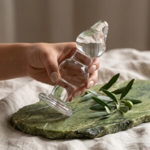 Hand holding glass object on stone