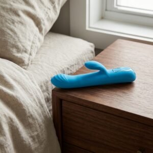 Blue silicone rabbit vibrator on fabric