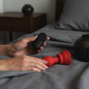 28X Silicone Vibrating Rose Anal Plug with Remote - Medium