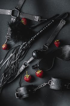A stylish flat lay of leather BDSM accessories with fresh strawberries on a dark background.
