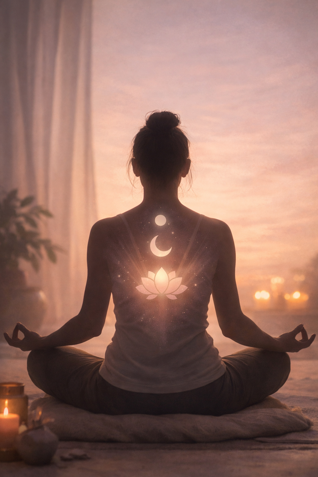 Intimate wellness meditation — a woman practices mindful self-care in a serene candlelit space with lotus and moon symbolism, representing the mind-body connection in a modern wellness routine.