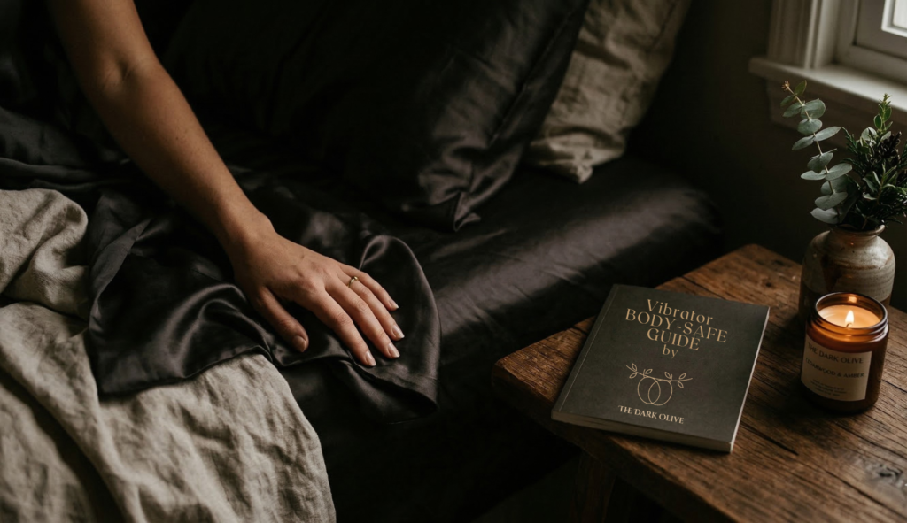 Cozy bedroom with guidebook and candle.