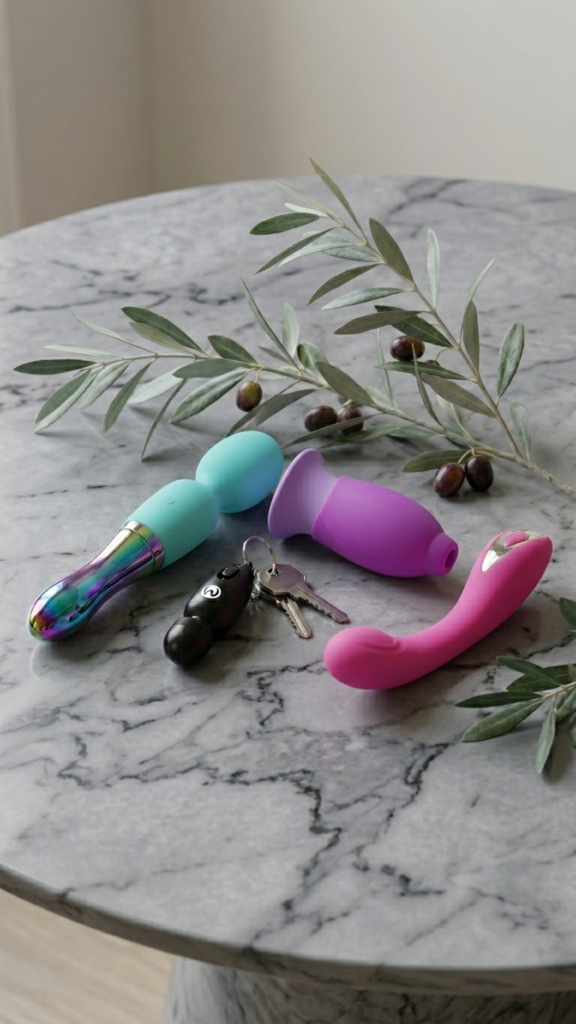 The Dark Olive curated pleasure products arranged on marble