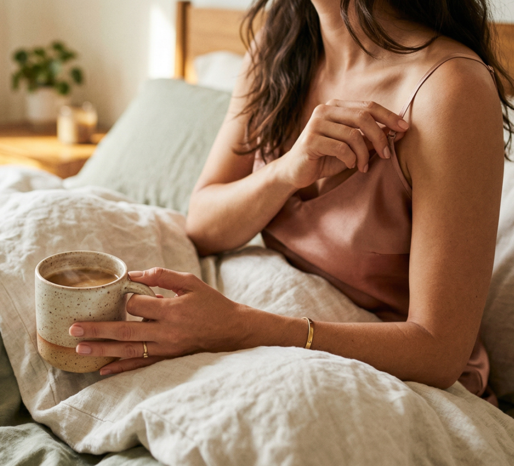 Woman enjoying coffee in bed