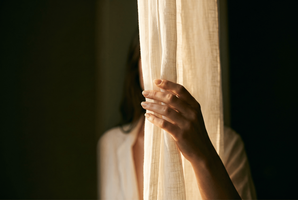 Woman's hand drawing back a sheer curtain toward warm light