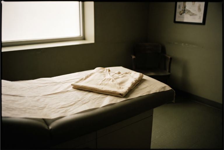 Empty exam table with crinkled paper and a folded gown in soft window light