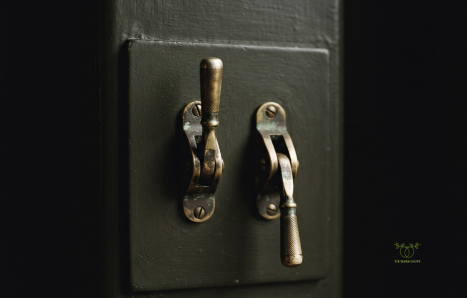 Two brass levers side by side, one slightly raised